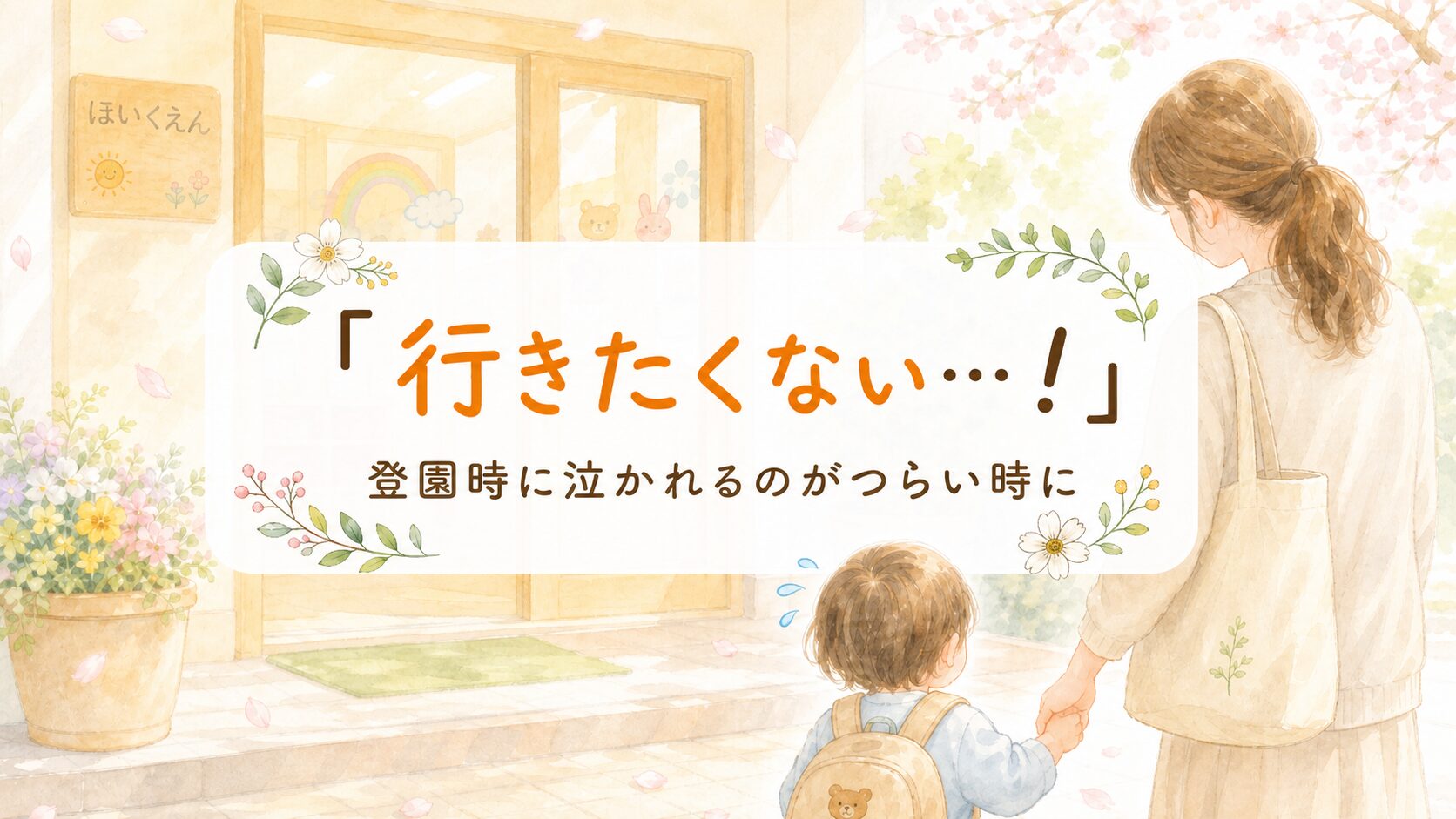 行きたくない！と泣く子と保育園の玄関に立つ親子。登園時に泣かれてつらい朝に保育士が寄り添う