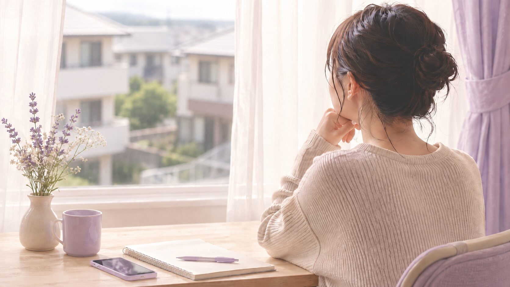 窓辺で電話占いへの不安を考える女性と、スマートフォン、ノート、ラベンダー