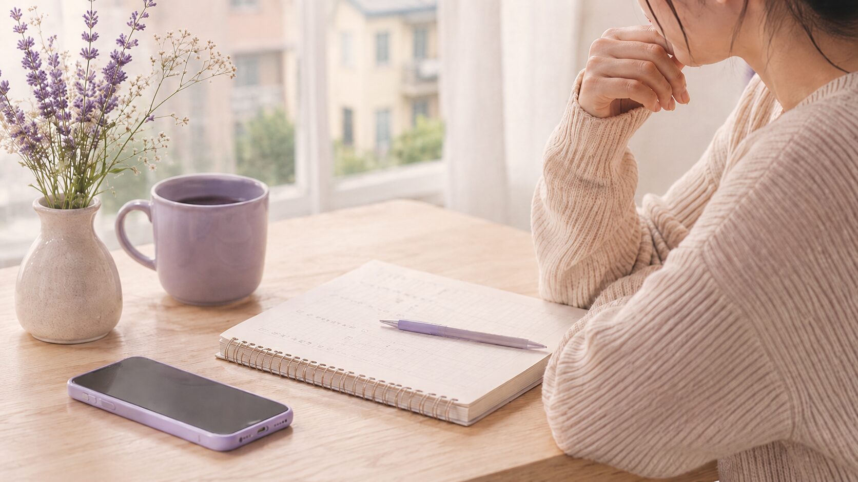 初回無料の電話占いについて考える女性と、スマートフォン、ノート、ラベンダー