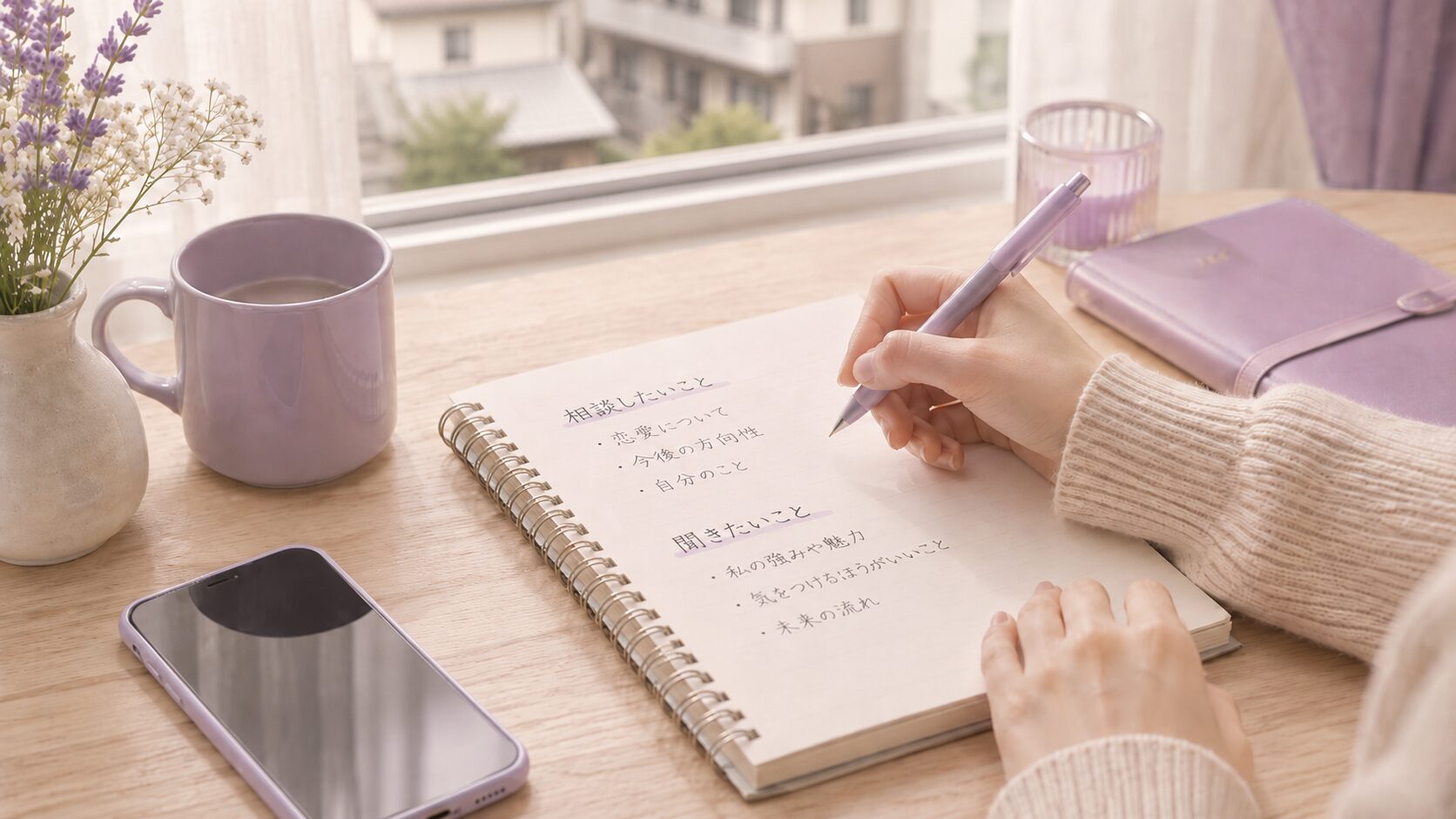 電話占いで話す内容をノートに準備している手元とスマートフォン