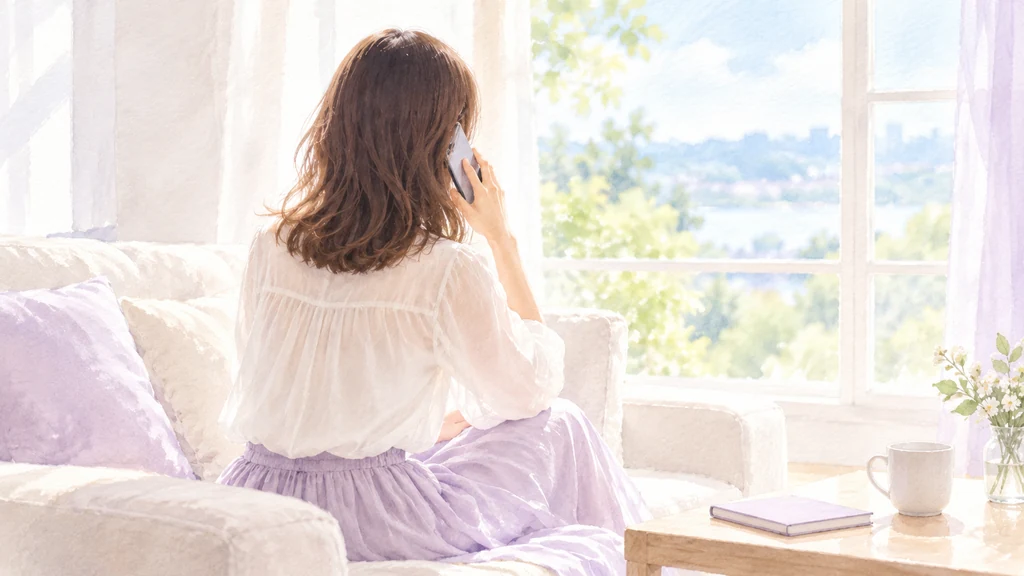 白いブラウスの女性が窓辺で電話をしている水彩イラスト