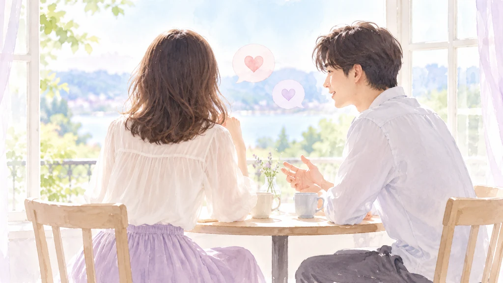 白いブラウスの女性と男性が向かい合って話す水彩イラスト